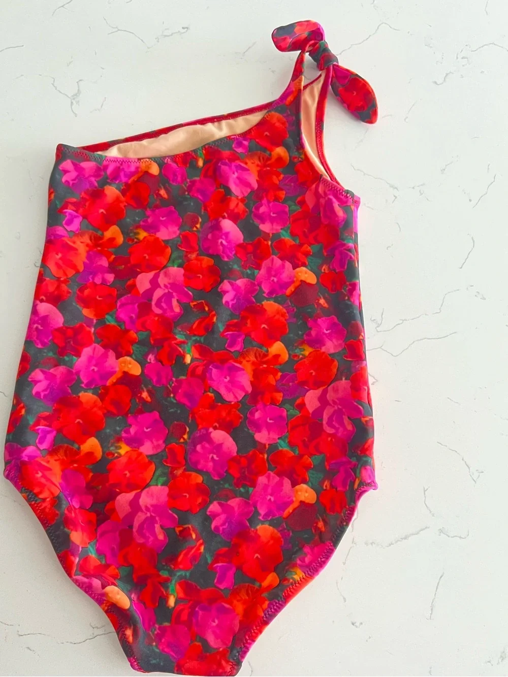 Crewcuts Girl one shoulder Swimsuit pansy floral Size 6-7 NWT